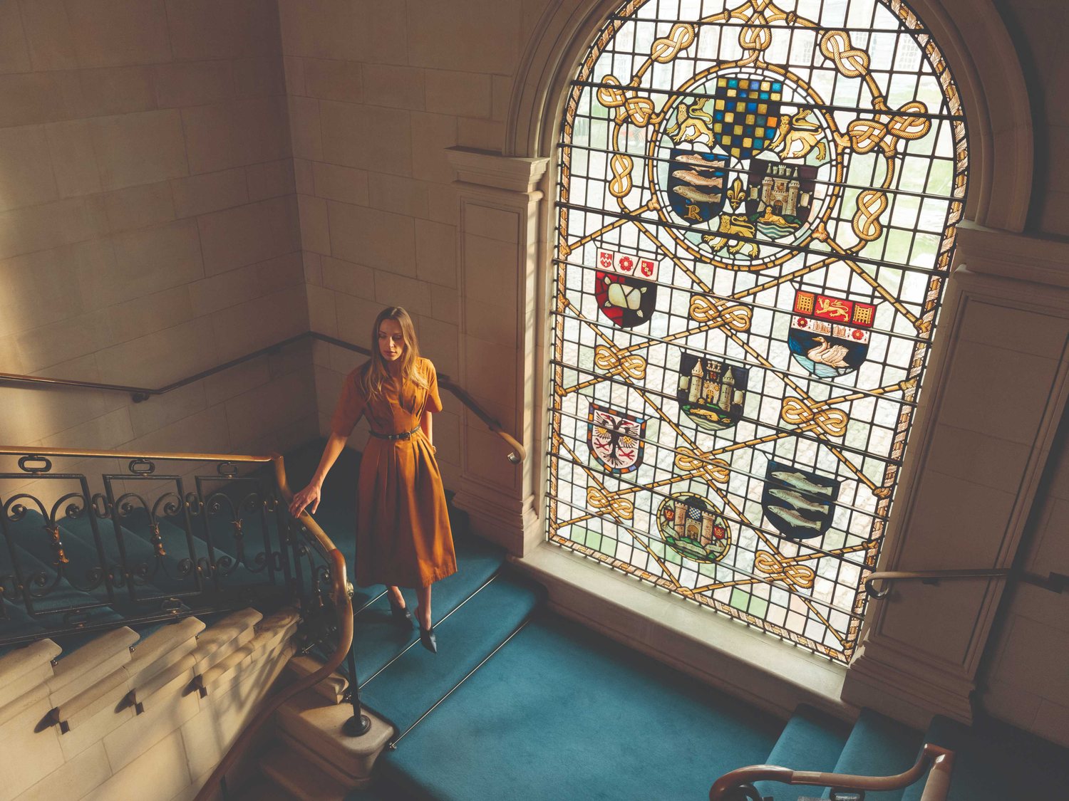 The heritage staircase and stained glass at County Hall Kingston